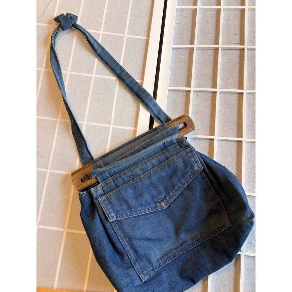 VTG 70s Handmade Denim PocketBag Wood Handle Boho Quilted Floral Lining Grandma